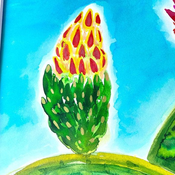 Fruition Original Handmade Watercolor Cactus Flower Painting 11x14in White Mat - Picture 3 of 7